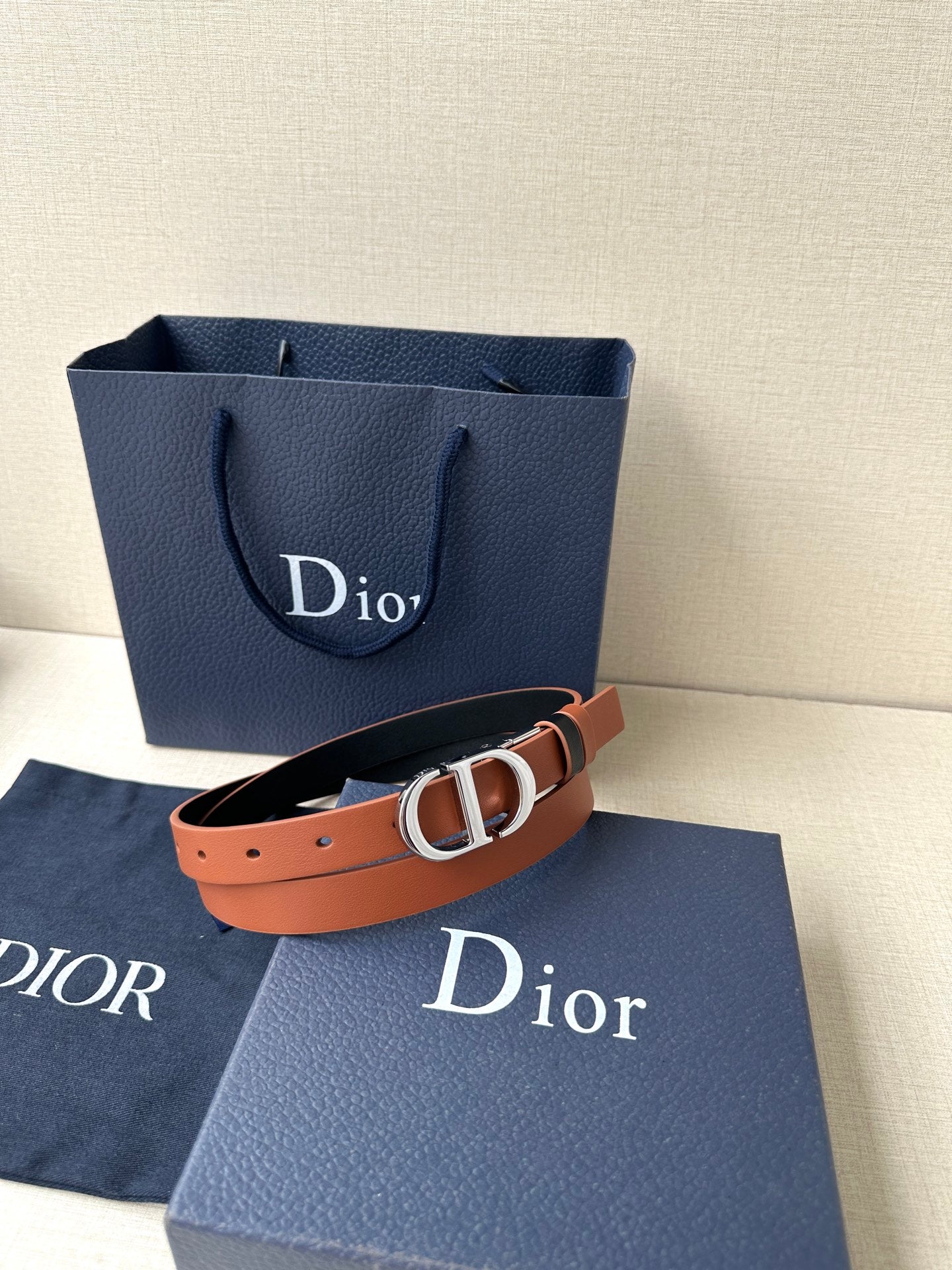 Dior leather belt with tan strap and silver-tone double D buckle