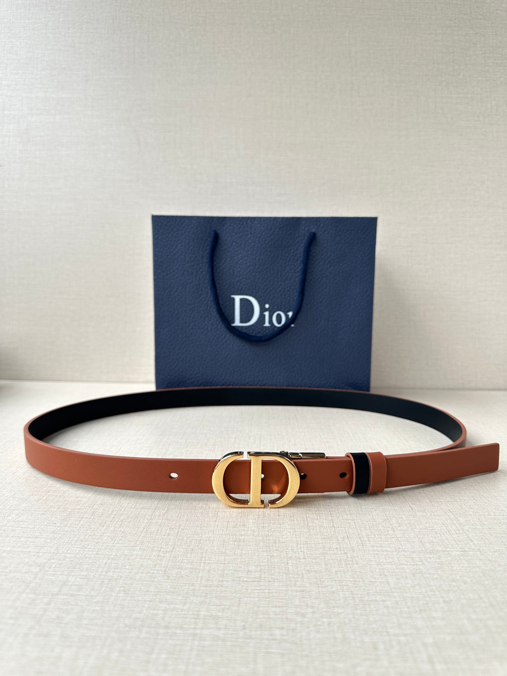 Dior leather belt in tan with gold-tone double D buckle