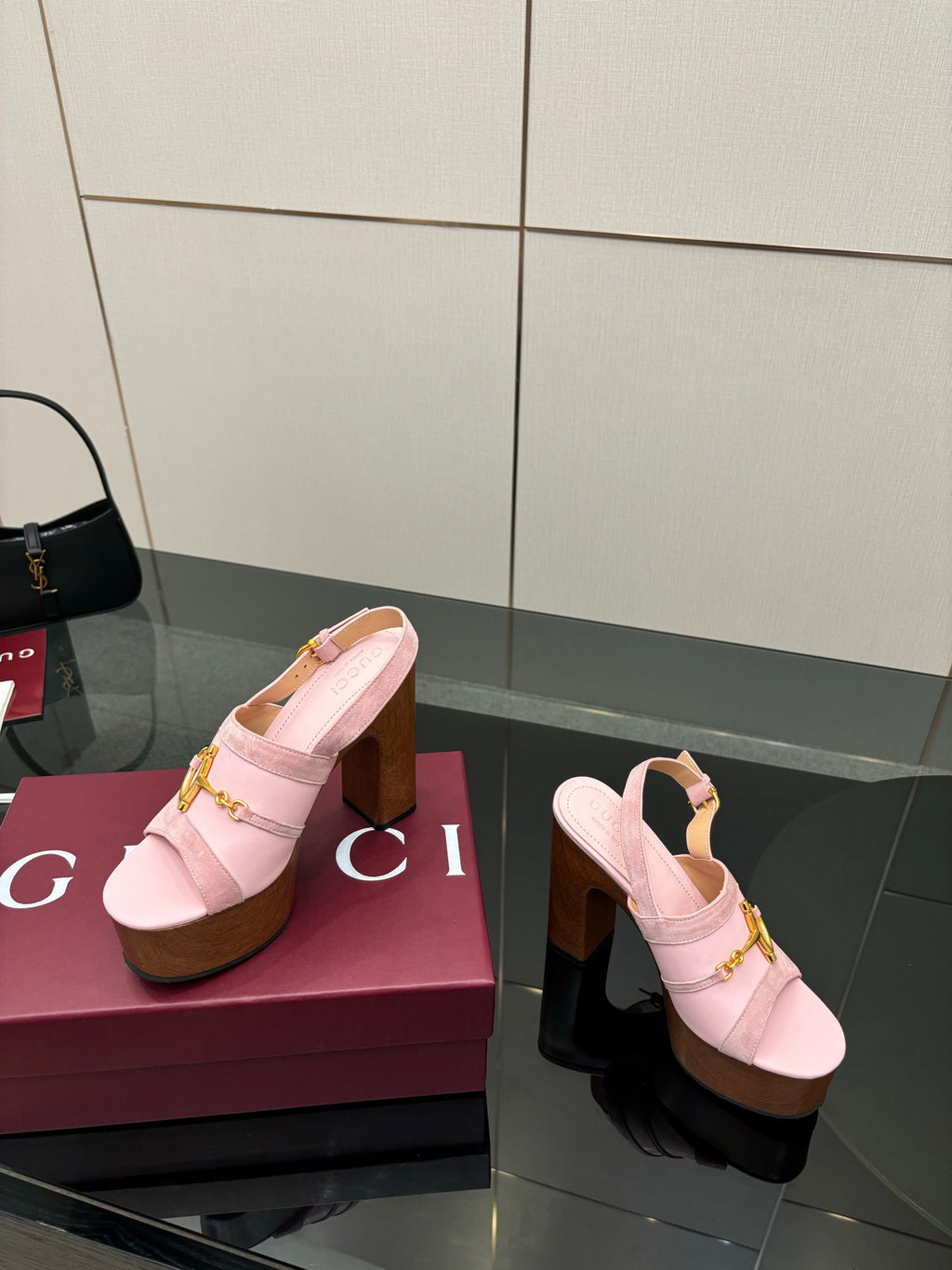 Gucci ladies pink platform heeled sandals, side angle showing chunky wooden heel