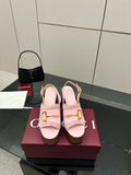 Gucci ladies pink platform heeled sandals with gold buckle strap detail