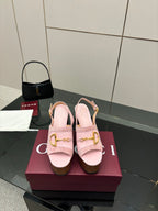 Gucci ladies pink platform heeled sandals with gold buckle strap detail
