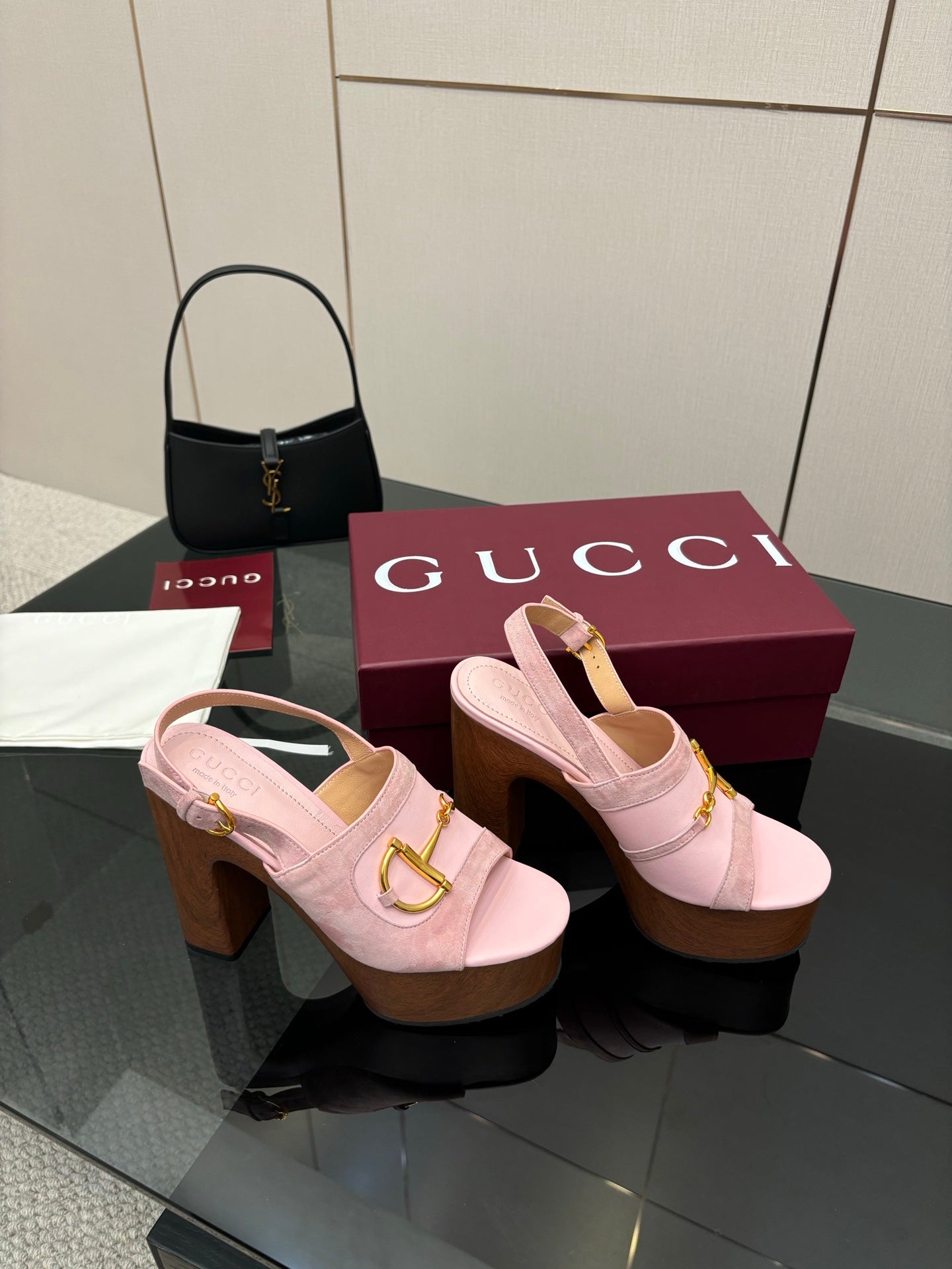 Gucci ladies pink platform heeled sandals with gold buckle strap and open toe