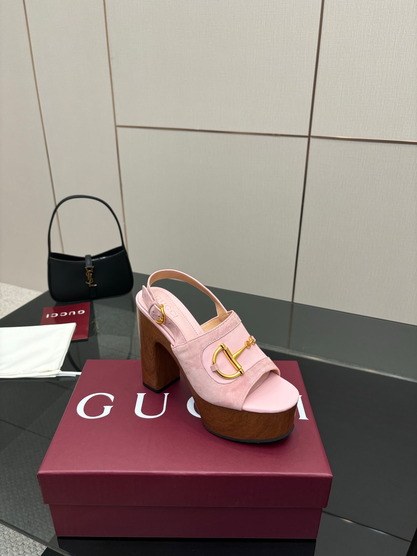 Gucci ladies pink platform heeled sandals with gold buckle strap on wooden sole