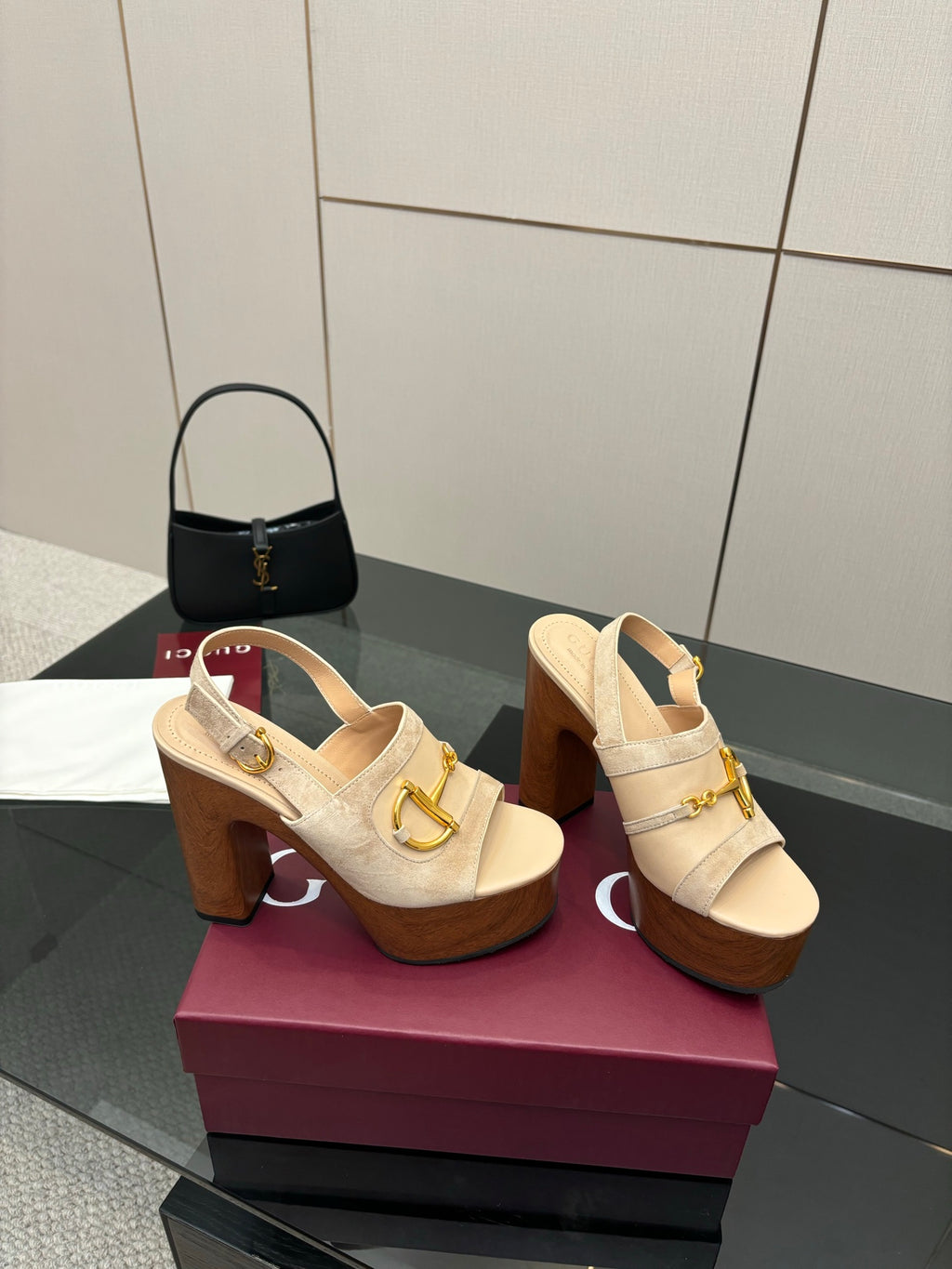 Women's Gucci cream platform mules, gold buckle straps, block heel mule silhouette
