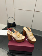Women's Gucci cream platform mules, gold buckle straps, block heel mule silhouette