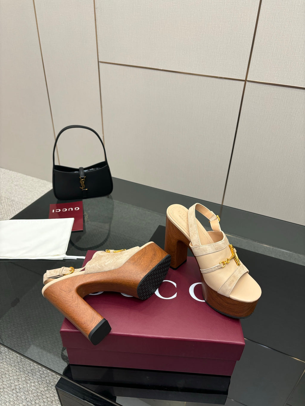 Women's Gucci cream suede platform mules with gold buckle, open-toe slide and block heel