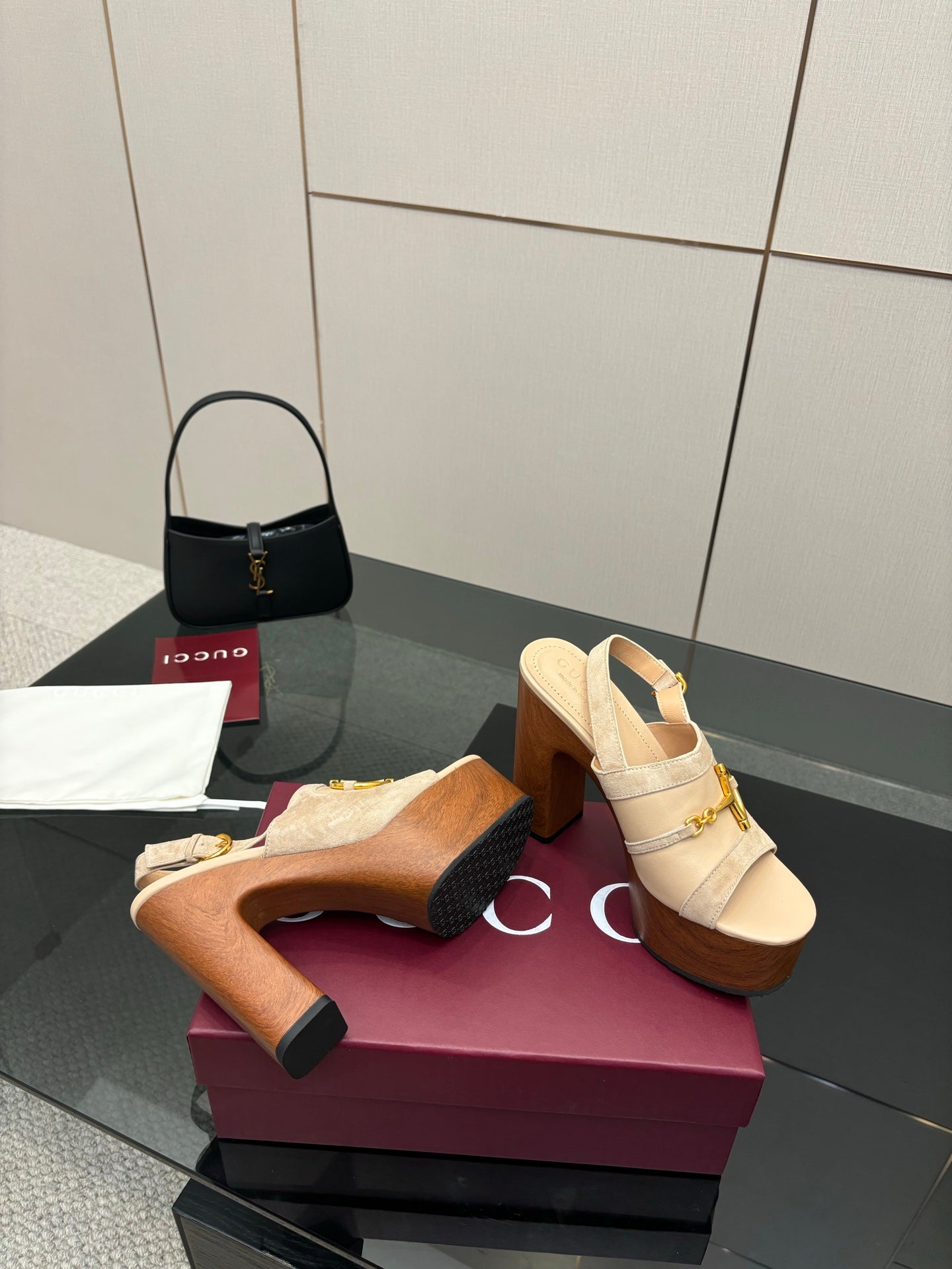 Women's Gucci cream suede platform mules with gold buckle, open-toe slide and block heel