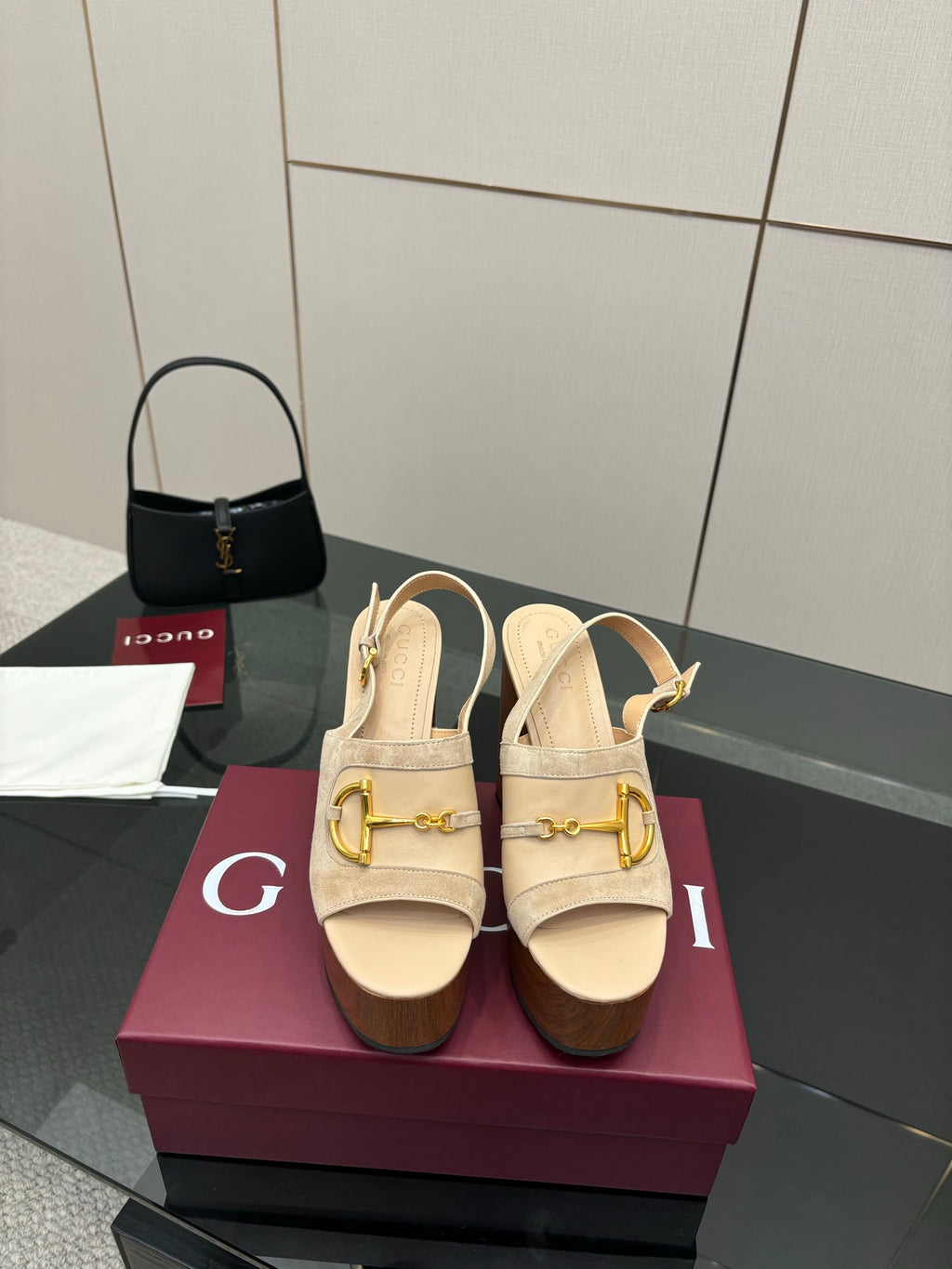 Women's Gucci cream suede platform mules with gold buckle detail and chunky heel