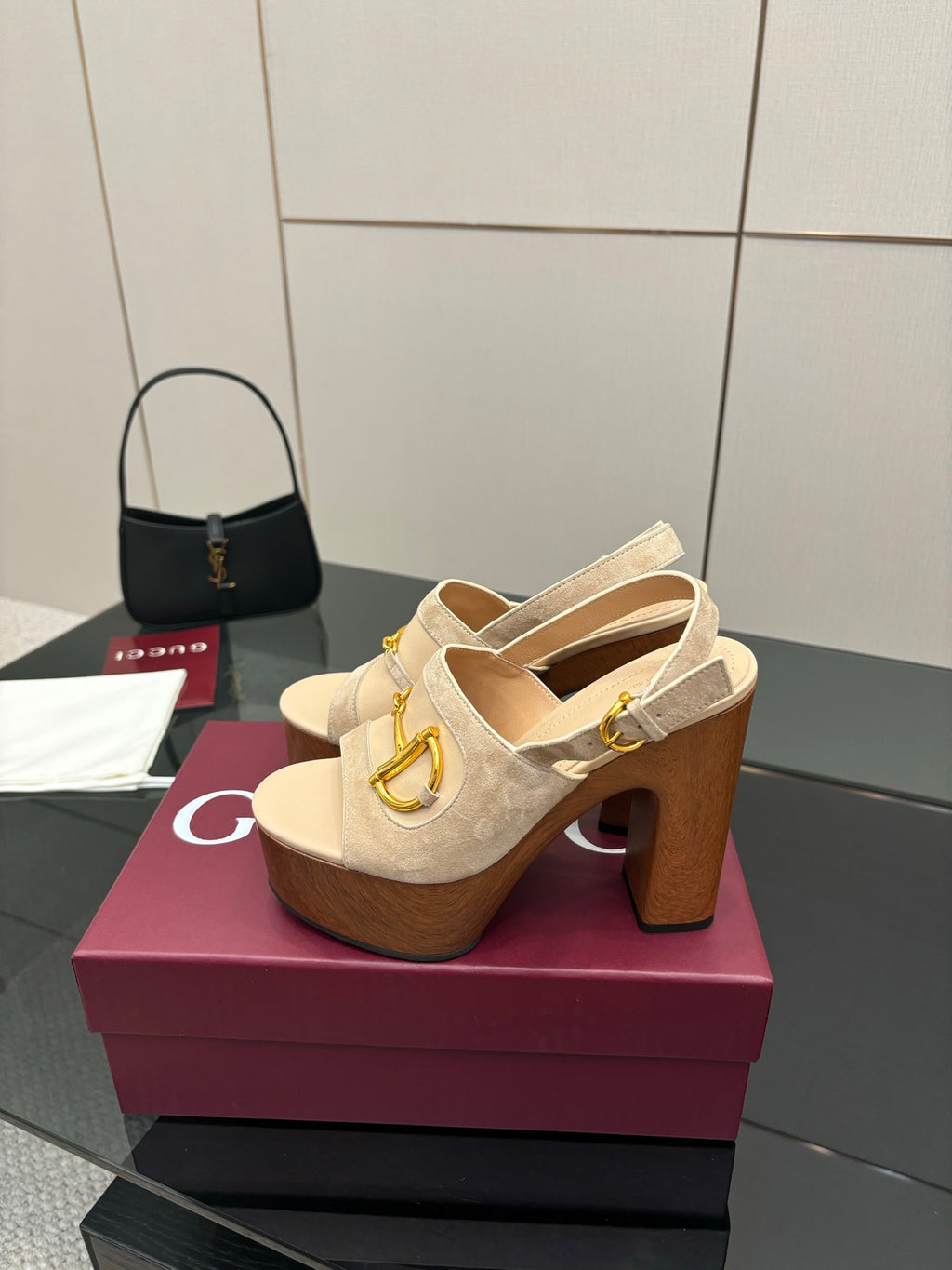 Women's Gucci cream suede platform mules with gold buckle strap, tan block heel