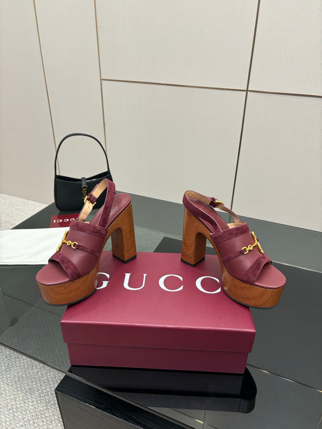 Gucci ladies platform sandals pair view, burgundy straps with gold hardware, block heel
