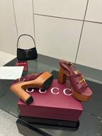 Gucci ladies platform sandals, burgundy leather with gold bit detail, chunky heel