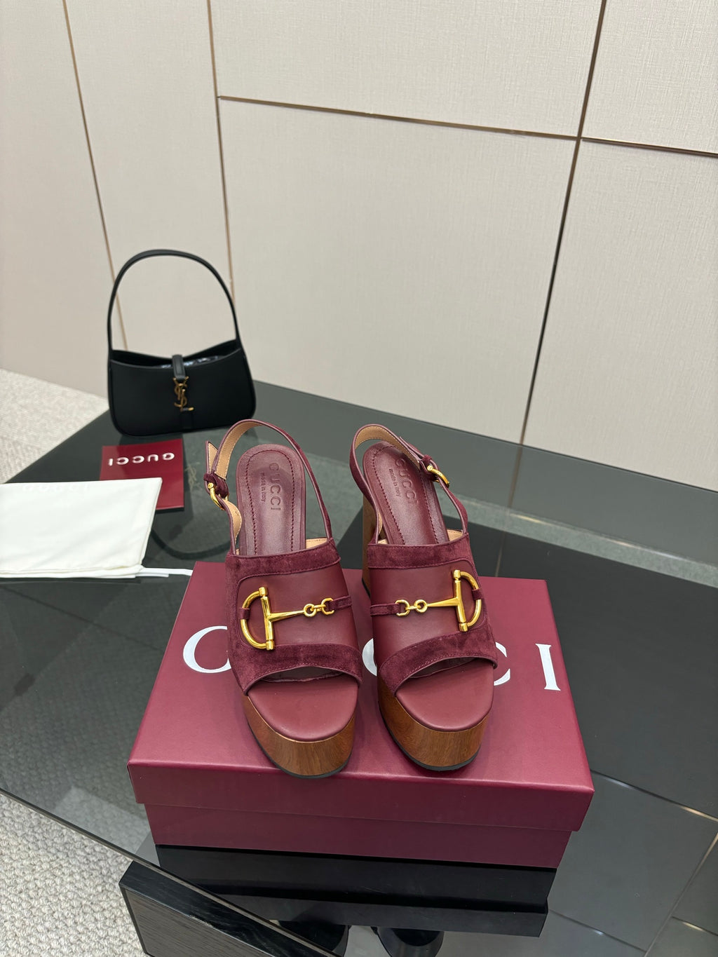 Gucci ladies platform sandals with burgundy leather straps, gold hardware, chunky heel