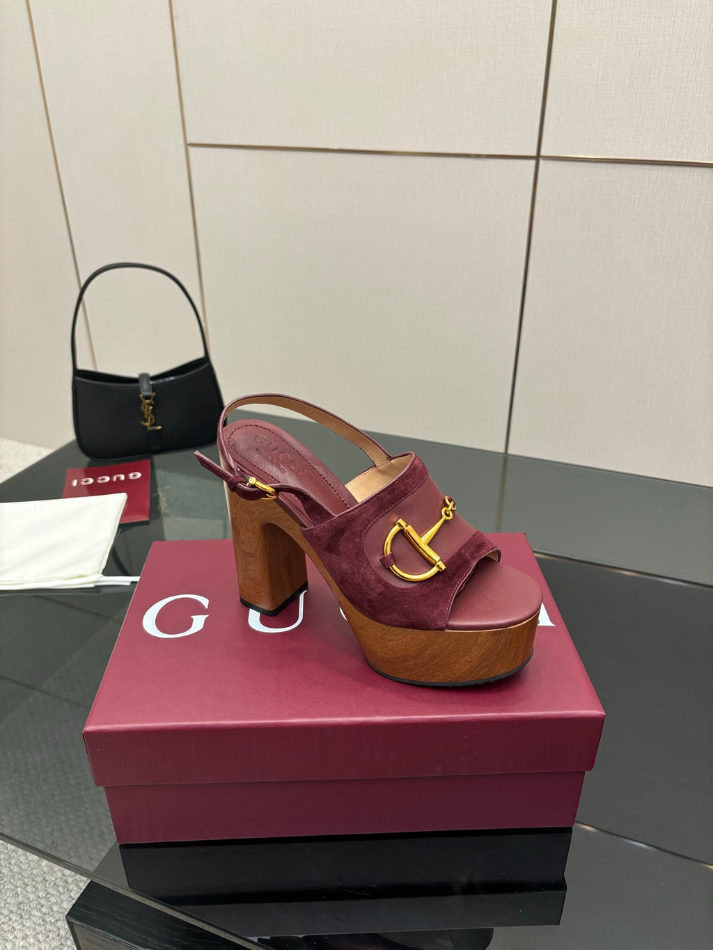 Gucci ladies platform sandals, burgundy mule with gold bit hardware, thick wooden heel