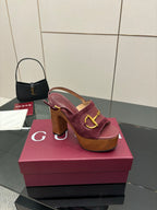 Gucci ladies platform sandals, burgundy mule with gold bit hardware, thick wooden heel