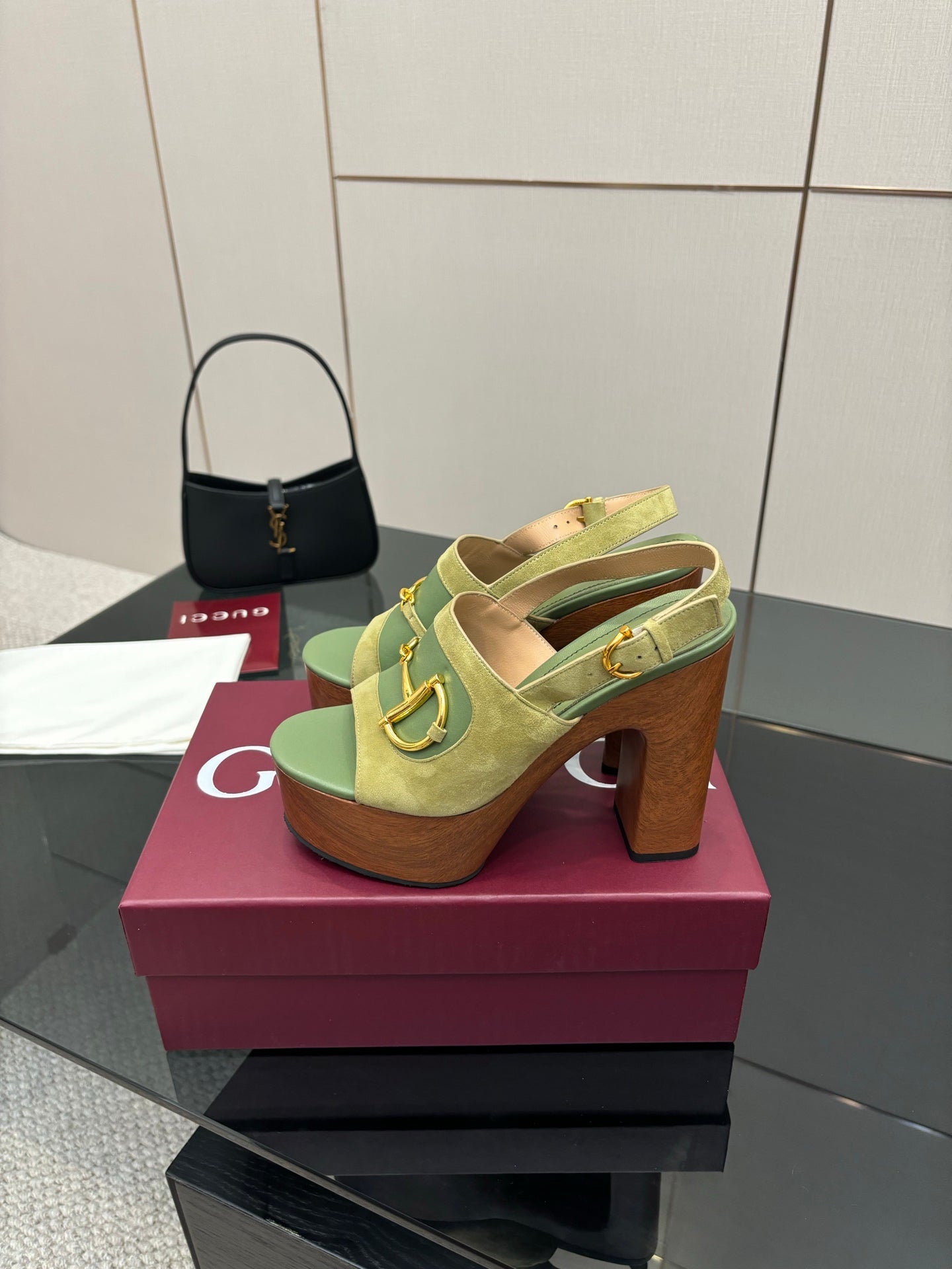 Gucci open-toe platform mule sandals, lime green with gold buckle and wood-look heel