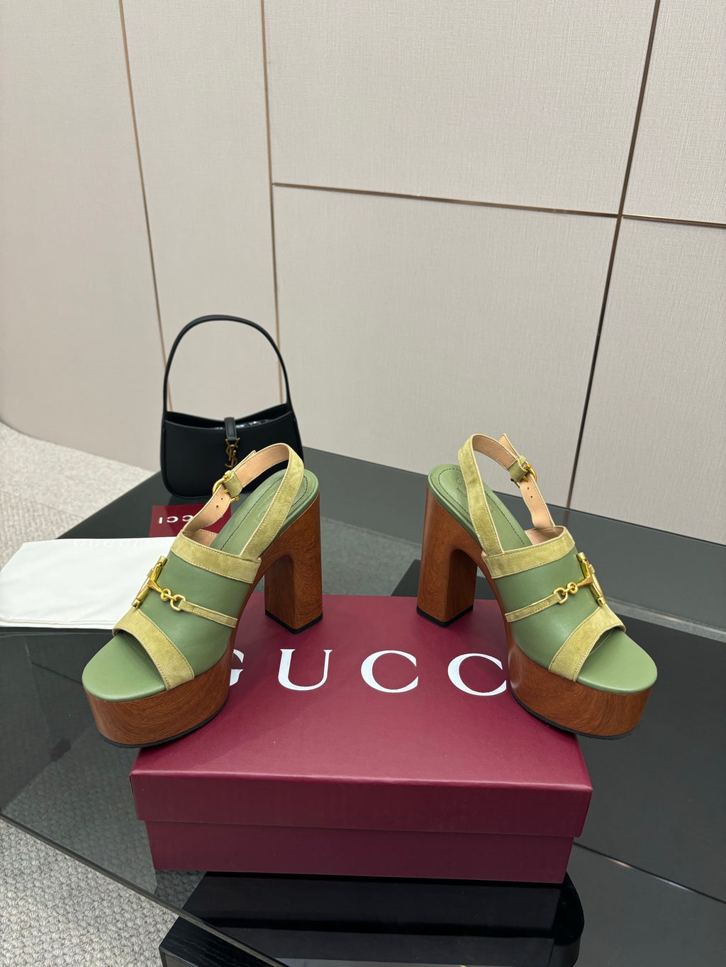Gucci open-toe platform sandals, lime green with gold buckle straps and block heel