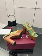 Gucci open-toe platform sandals, lime green with gold buckle and chunky high heel