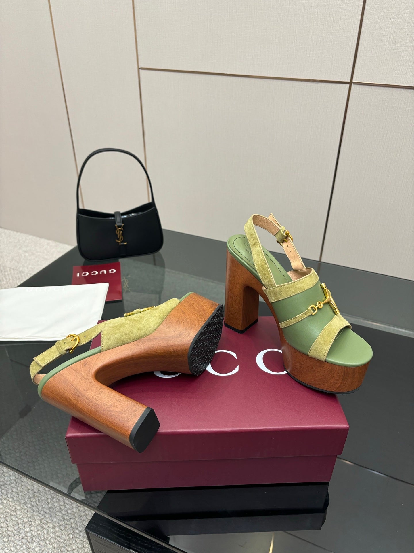 Gucci open-toe platform sandals, lime green with gold buckle and chunky high heel