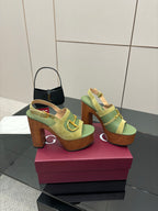 Gucci open-toe platform sandals, lime green with gold buckle straps and thick heel
