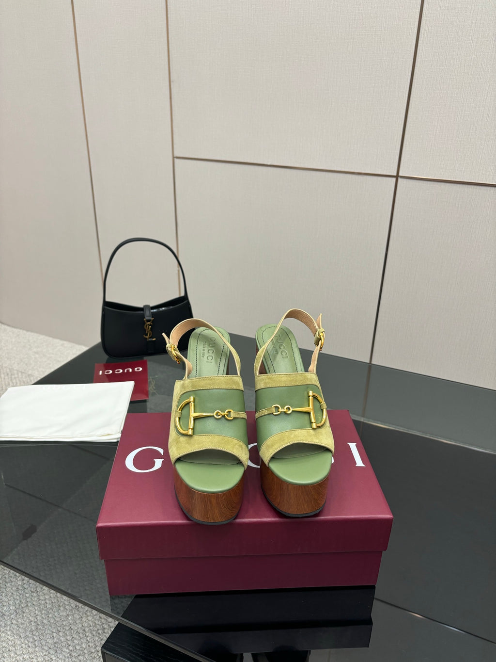 Gucci open-toe platform sandals, lime green with gold buckle and chunky heel