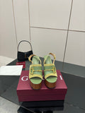 Gucci open-toe platform sandals, lime green with gold buckle and chunky heel