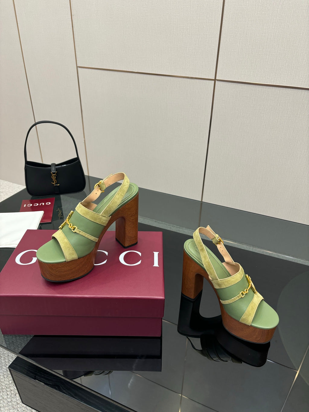 Gucci open-toe platform sandals, lime green with gold buckle, two-shoe view