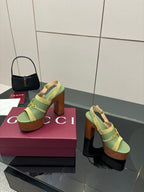 Gucci open-toe platform sandals, lime green with gold buckle, two-shoe view