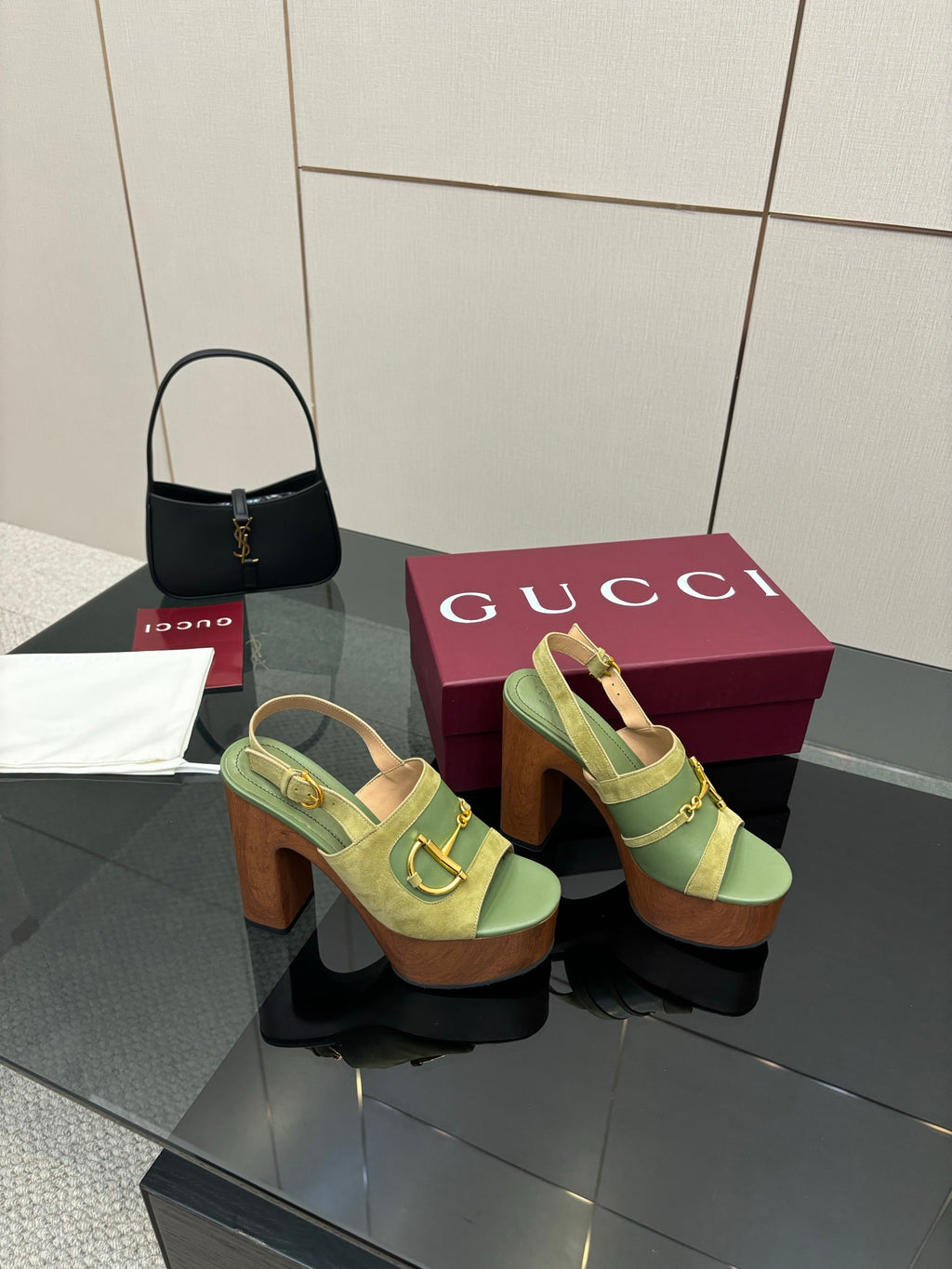 Gucci open-toe platform sandals, lime green with gold buckle strap and chunky heel