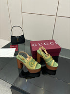 Gucci open-toe platform sandals, lime green with gold buckle strap and chunky heel