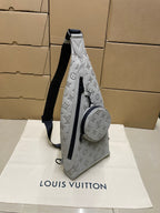 Men's Louis Vuitton monogram sling bag with round zip pouch, light gray/white