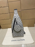 Men's Louis Vuitton monogram sling bag, light gray/white with black zipper and strap