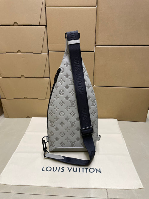 Men's Louis Vuitton monogram sling bag, light gray/white with navy adjustable strap
