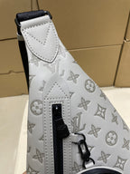 Men's Louis Vuitton monogram sling bag front panel, light gray/white with zipper pull