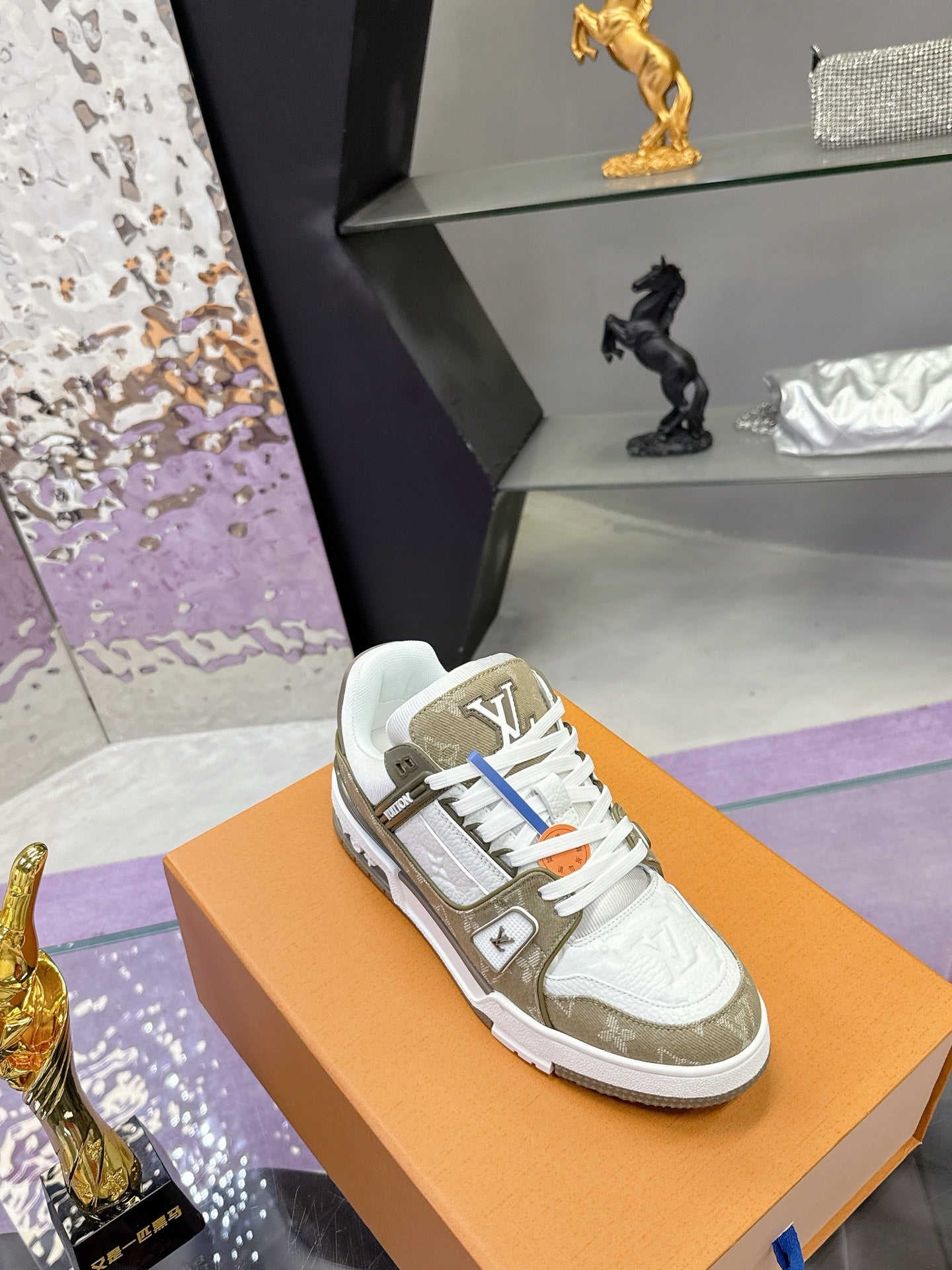 Women’s Louis Vuitton lace-up sneakers, white and olive color blocks with logo strap