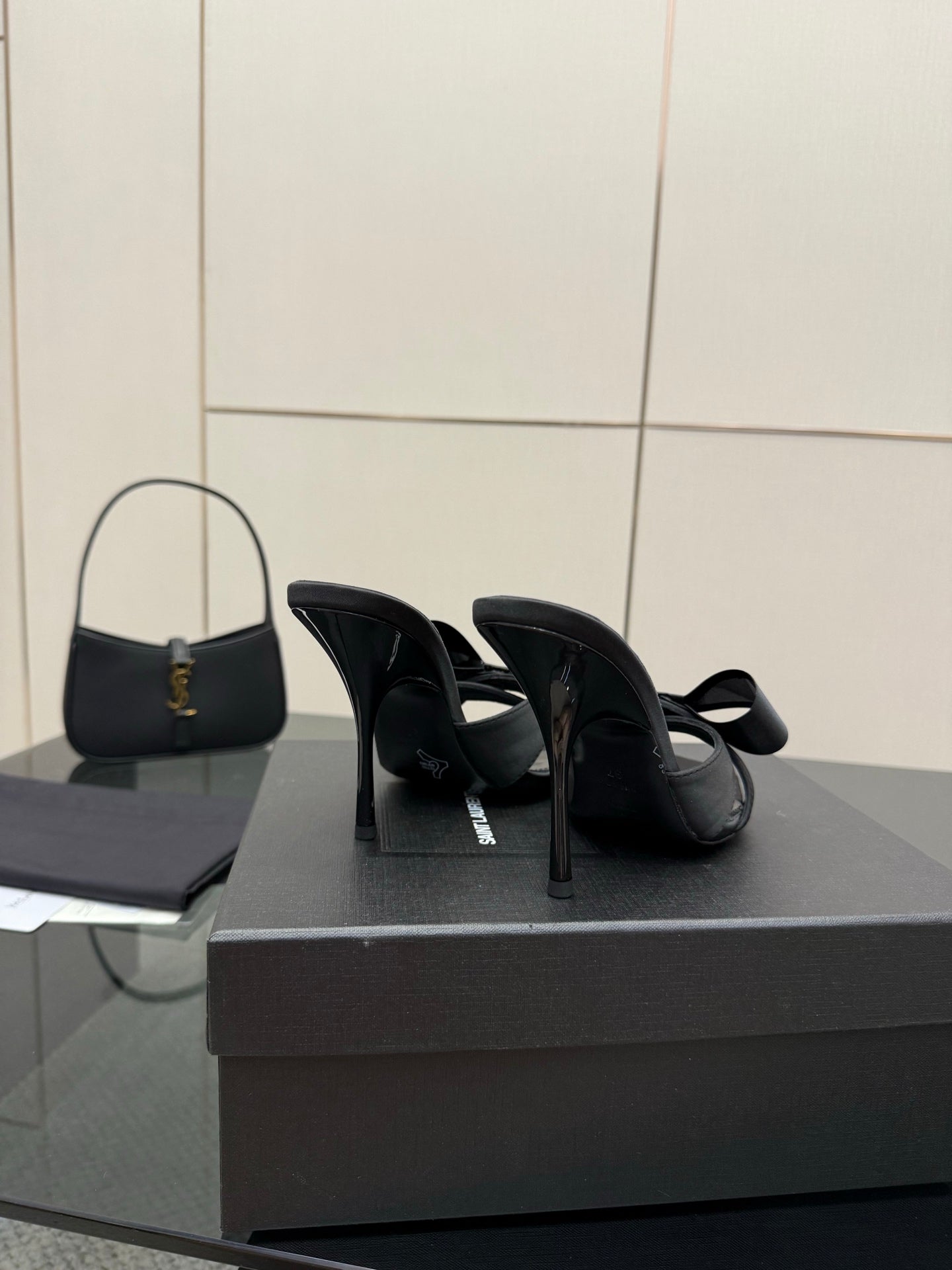 YSL black high-heel mule sandals with bow straps, pair on display box