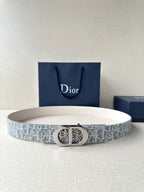 Dior belt with blue-and-white monogram webbing and silver-tone buckle