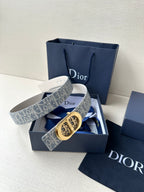 Dior belt with blue-and-white monogram strap and gold-tone buckle