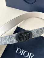 Dior belt buckle detail on patterned fabric strap