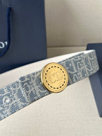 Dior monogram belt with round gold-toned CD buckle on blue patterned strap