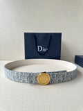 Dior monogram belt with round gold-toned buckle on blue canvas strap