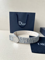 Dior monogram belt with light logo buckle on blue patterned strap