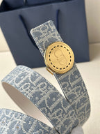 Dior monogram belt with two-tone blue patterned strap and round gold buckle