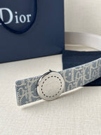 Dior monogram belt with round pale buckle on blue patterned strap