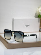 Sunglasses with black square frame, dark lenses, gold decorative temple hardware