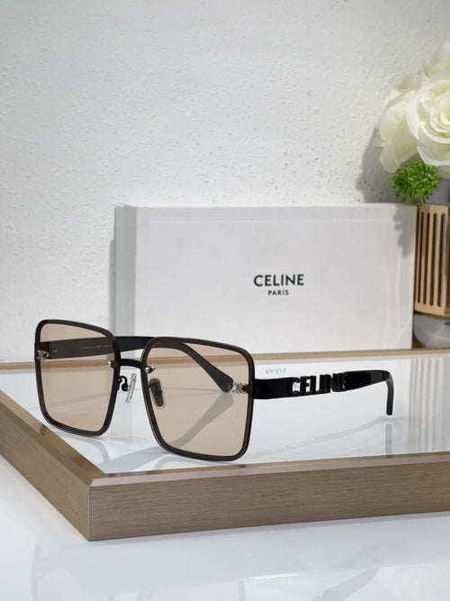 Sunglasses with black square frame, dark-tinted lenses, gold hinge details