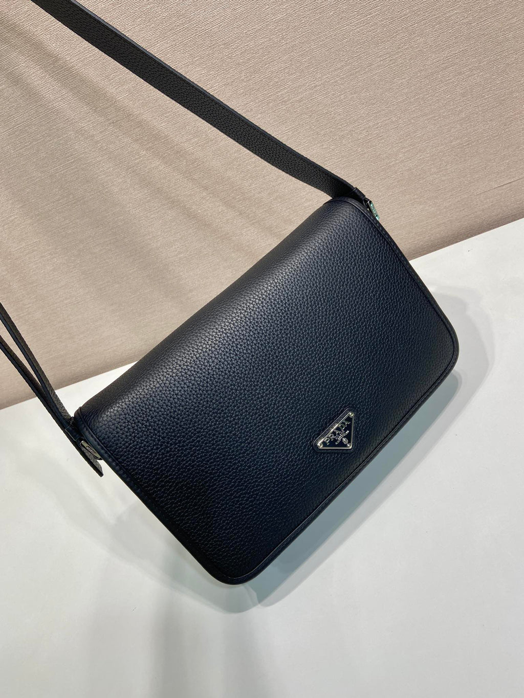 Prada leather crossbody bag with flap, black, adjustable strap, triangle logo