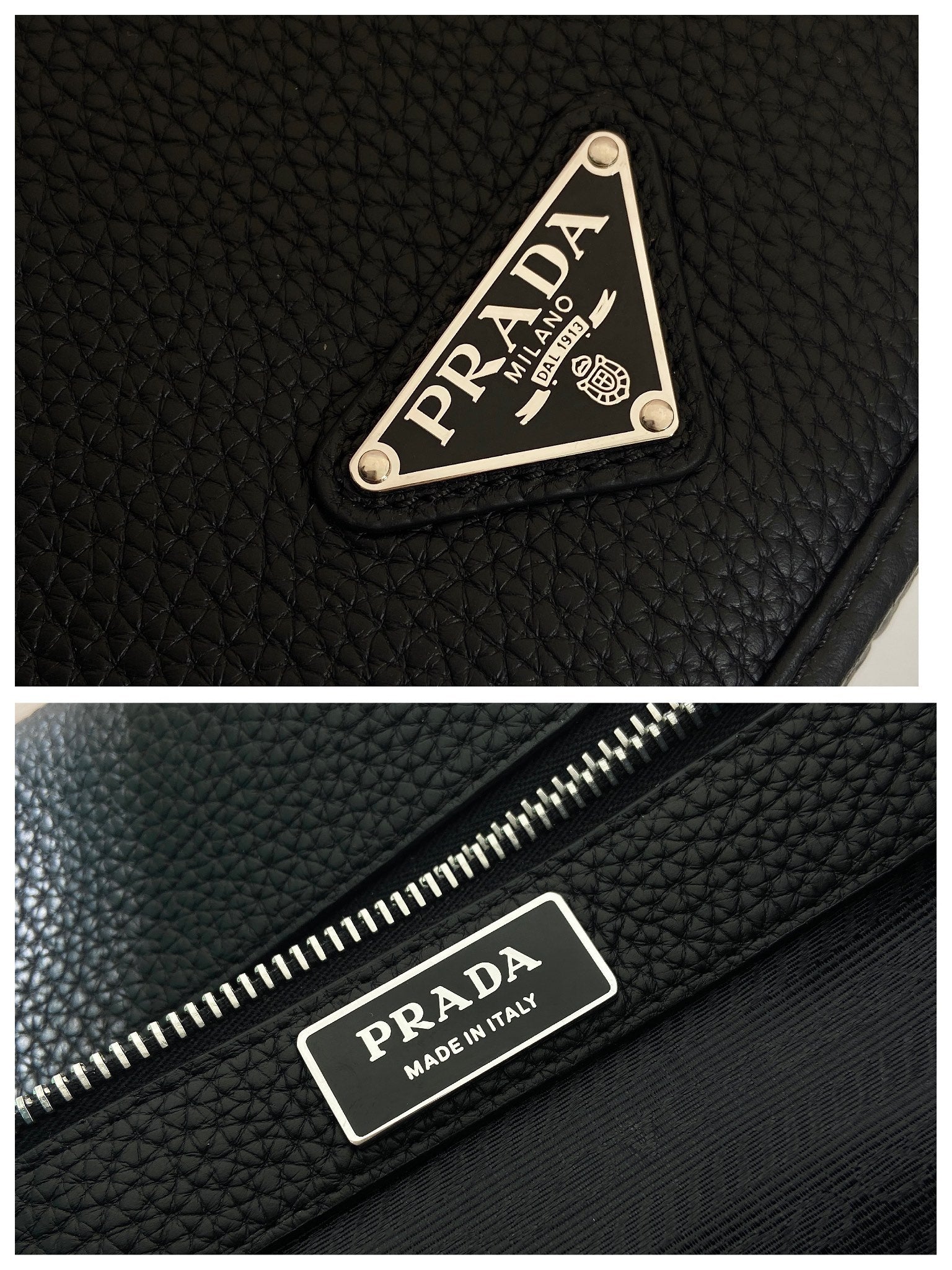 Prada zipper and logo label on black textured leather crossbody bag