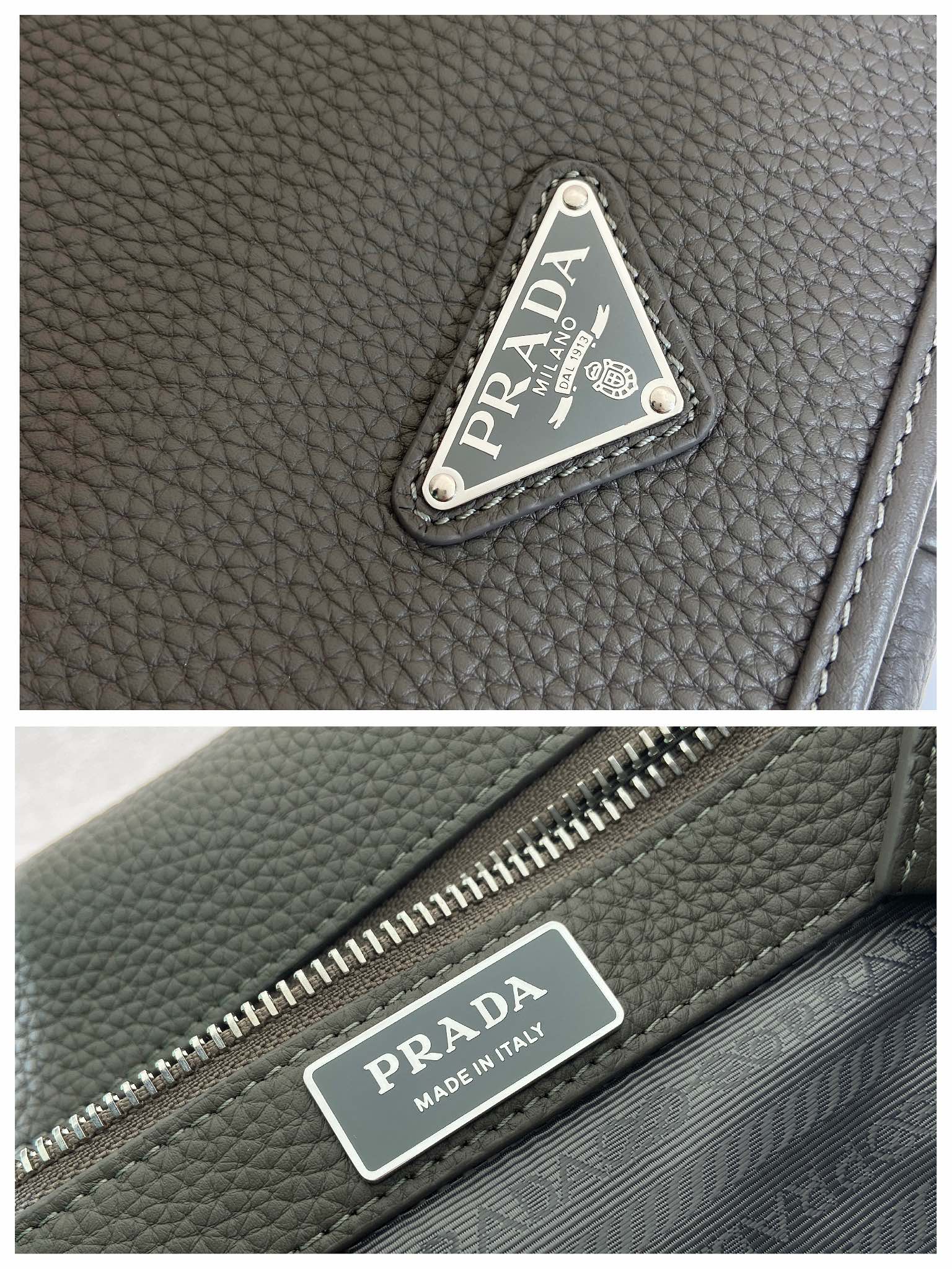 Prada logo tag and zipper pull on textured leather crossbody bag, made in Italy plate