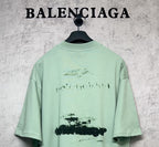 Mint green graphic T-shirt back view with abstract logo print, crew neck, short sleeves.