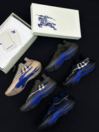 Burberry slip-on sneakers, beige and black with blue accents and plaid details